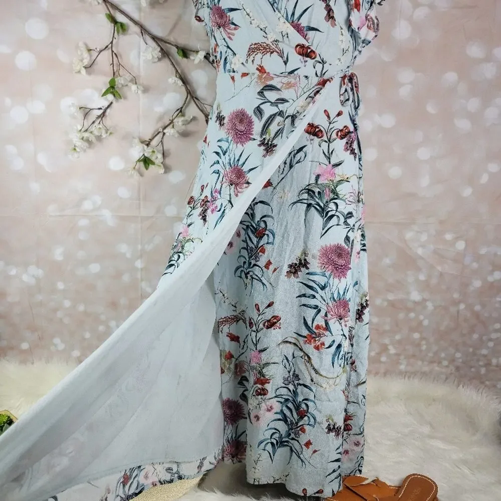 WILLOW & CLAY Blue Granny Floral Print Wrap Midi Dress Ruffle Sleeve Boho Chic